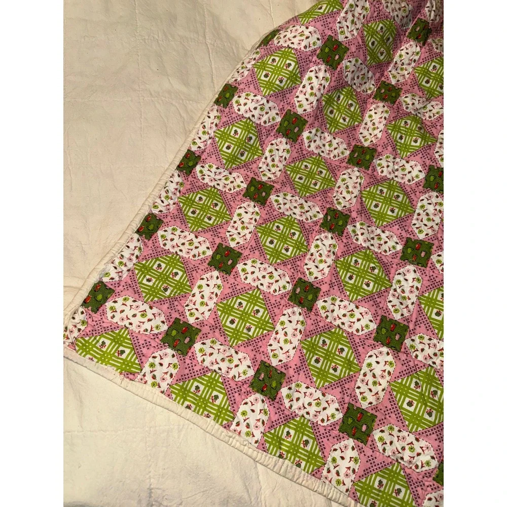 Vintage Handmade Patchwork Quilt Pink Green Floral Plaid Cottagecore Farmhouse